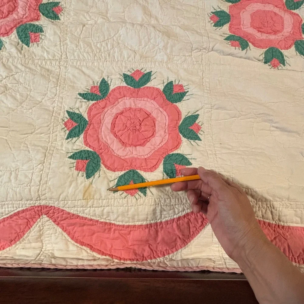 Vintage Handmade Rose of Sharon Ohio Rose Applique Quilt Pink Green 66x80 Twin